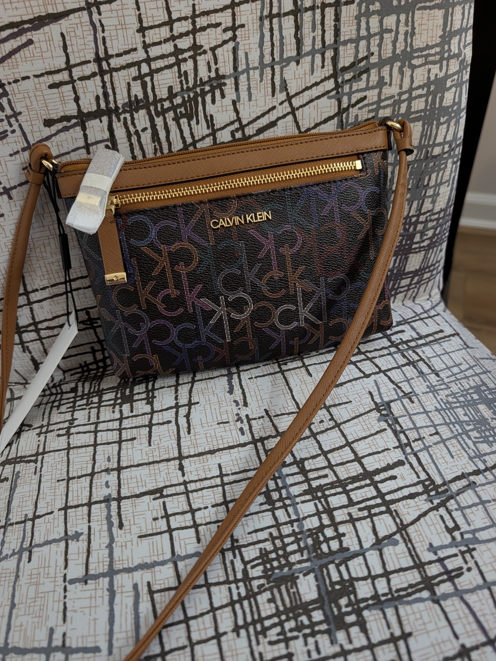 Calvin Klein Brown Multi-Color Logo Crossbody with Gold Hardware